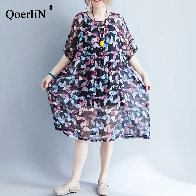 QoerliN 2019 Новый Винтаж Для женщин платье с цветочным рисунком короткий рукав с круглым вырезом шифоновое женское платье печатных свободные
