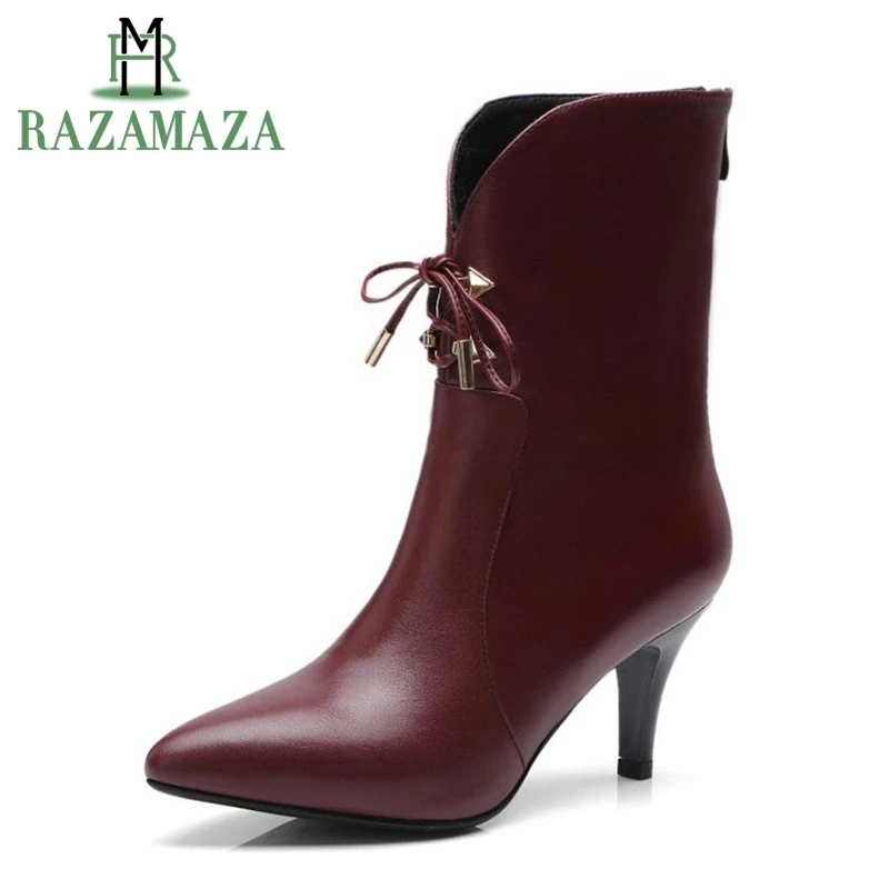 

RAZAMAZA Size 33-43 High Heel Women's Boots Genuine Leather Lace Up Half Short Boots Fashion Sexy Shoes Ladies Footwear