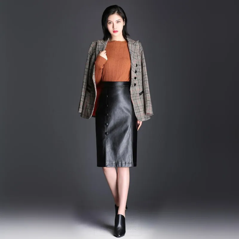 M-5XL New Women's Leather Skirt Autumn Winter 2019 Fashion Elegant Office Lady Faux Leather PU Slim Medium lengt Skirts Female