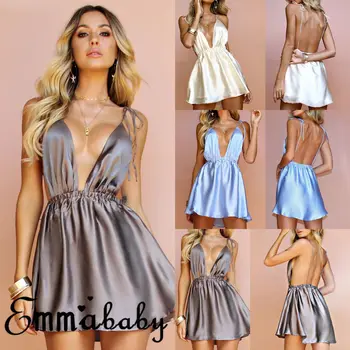 

New Sexy Women Dress Summer Backless V-neck Spaghetti Strap Dress Lady Short Sleeve Nightclub Mini Casual Dress