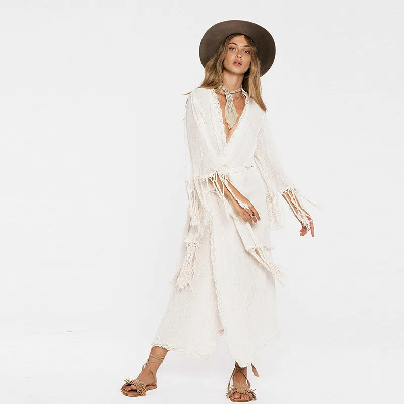

Spring Summer Bohemian Solid Fringed Belted Dress Blouse A-Line Half Sleeve Flare Sleeve V-Neck Women's Dress