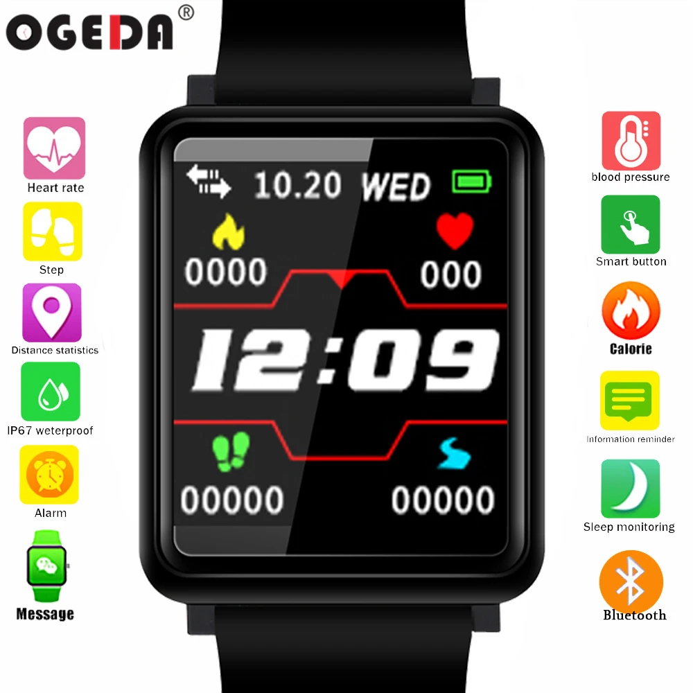 

OGEDA F1 Fashion Smart Watch IP67 Waterproof Sports Fitness Tracker Clock Heart Rate Monitor Blood Pressure Function Smart Watch