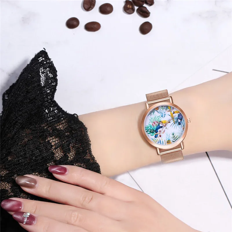 Newly Design Watch Women Girl Analog Stainless Steel Strap Plant Pattern Alloy Analog Quartz Round Watch  Relogio Masculino M23 (3)