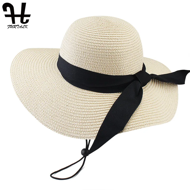 FURTALK летняя шляпа для женщин, соломенная шляпа с широкими полями, пляжная шляпа от солнца для путешествий, складная Складная широкополая шляпа UPF 50, кепка для защиты от солнца - Цвет: Бежевый