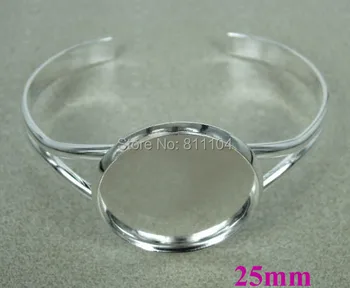 

25mm New Silver tone Plated Blank Bases Round Bezel cups Cabochon Settings Bracelet Cuff Bangle Blank Wholesale