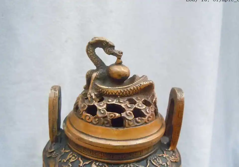 

12" China brass copper Hercules dragon incense burner censer Sculpture statue