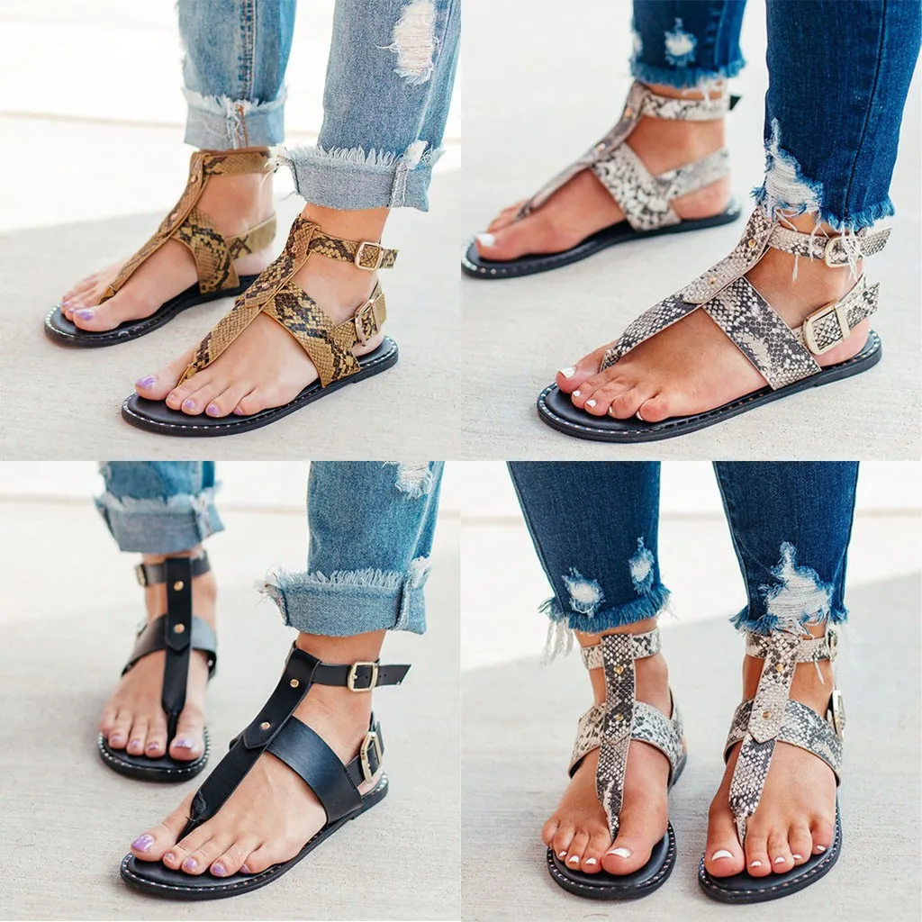 

Women Europe Summer Bohemian Open Toe Snake Print Pattern Buckle Roman Sandals Flats sandalias verano mujer Plus Size 35-43