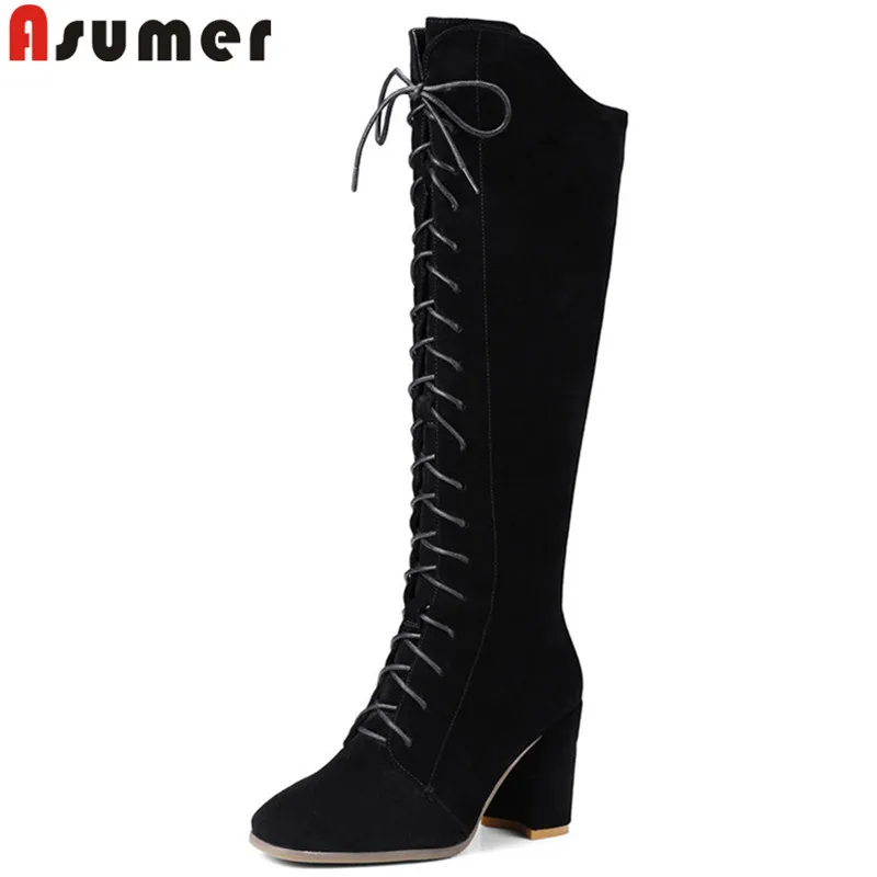 

ASUMER fashion cross tied knee high boots women square toe suede leather boots zip thick high heels boots lady prom shoes woman