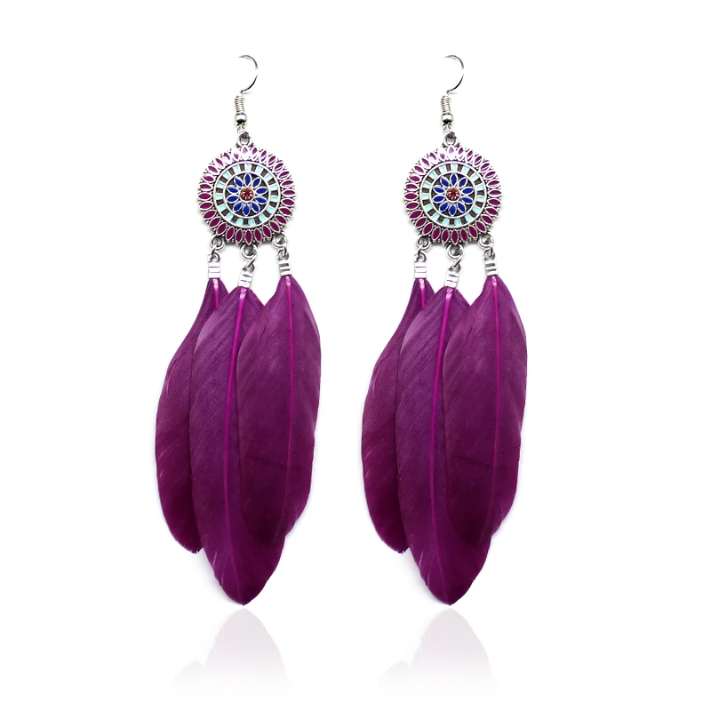 

Pendientes mujer moda Feathers long earrings Round flower earrings Female national wind Leaves accessories Feathers long earring