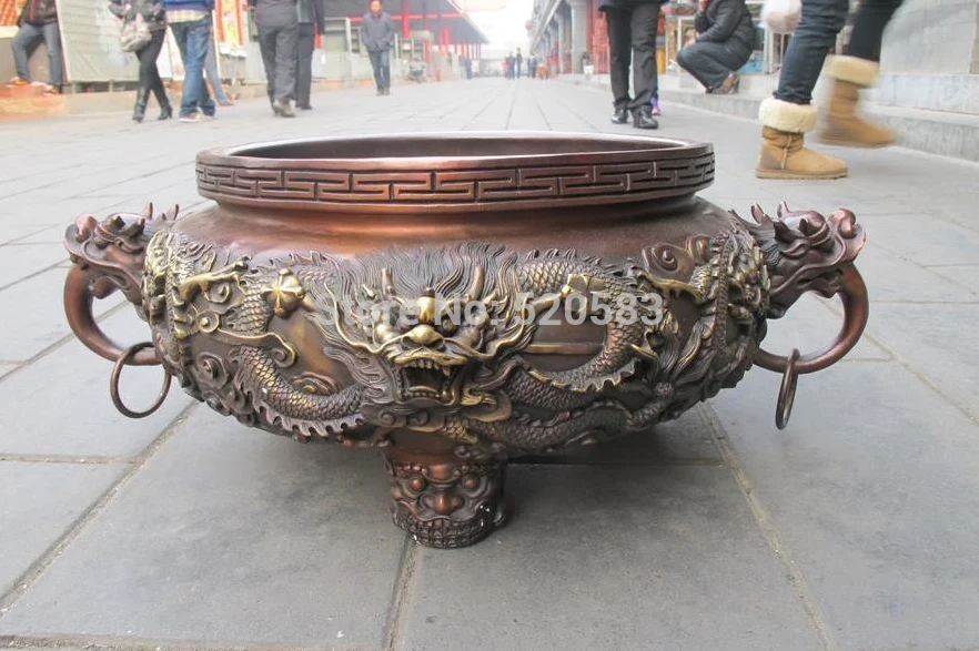

free China Royal Red Bronze Two Dragon Ding Tank crock Censer Buddhism incense burner fast