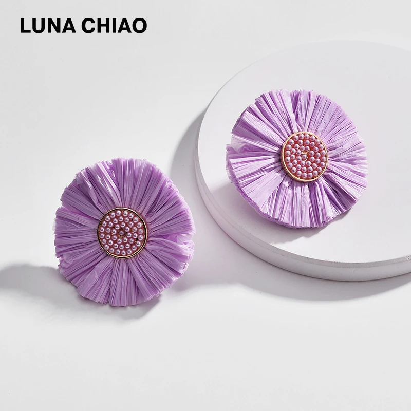 

LUNA CHIAO Fashion Purple Pink Natural Color Raffia Fringed Tassel Disc Earrings for Women