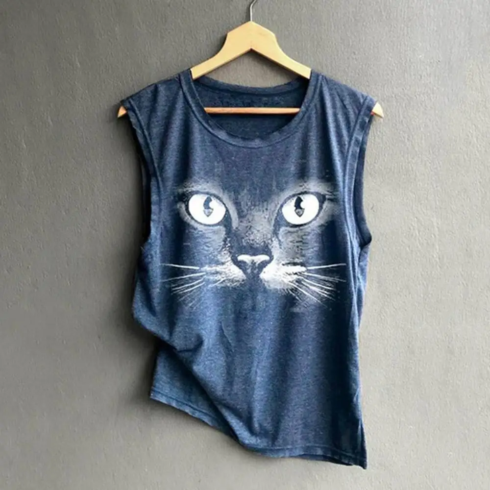 

Cat Printing Tops T-shirt 2019 Summer Fashion Womens O-Neck Sleeveless Tops Vest Loose Shirt Tops