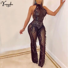Sexy Black Mesh Sequin bodysuit women befree See Through Backless sleeveless Summer one piece Night club Party jumpsuit overalls