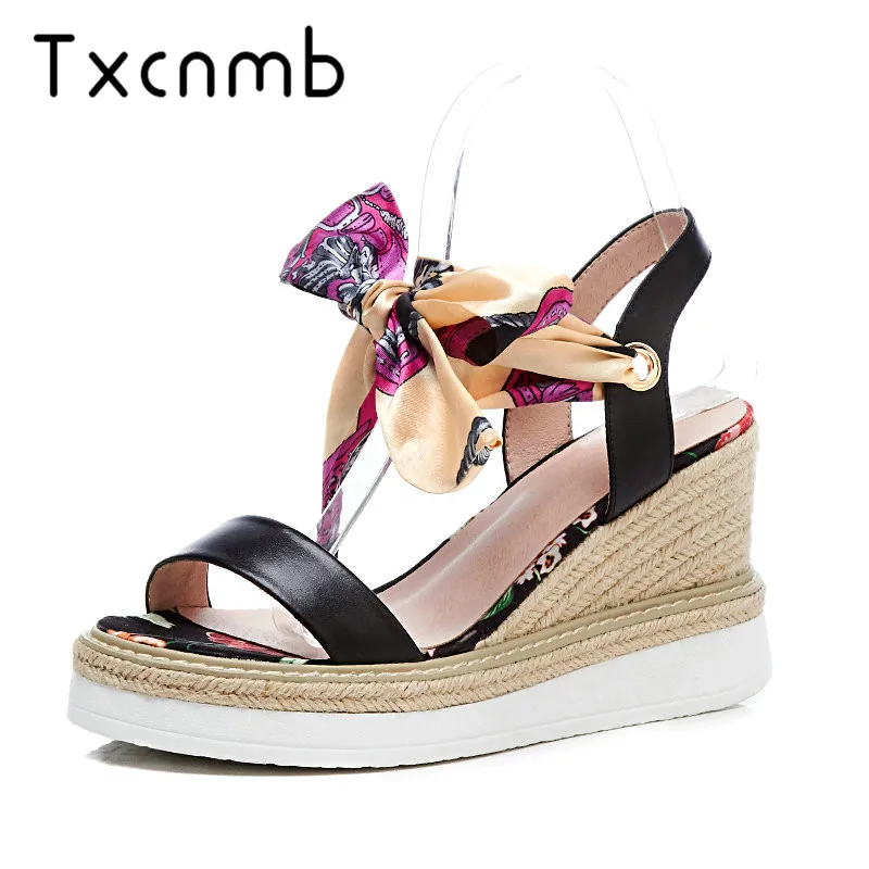 

TXCNMB Shoes Woman 2019 Wedding Summer Platform Sandals Wedge Women Genuine Leather High Heels Open Toe Shoes Brand Fashion