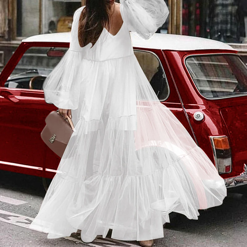 

VONDA Women White Long Dress 2019 Autumn Sexy V-Neck Lantern Long Sleeve High Waist Party Dresses White Long Vestido Plus Size