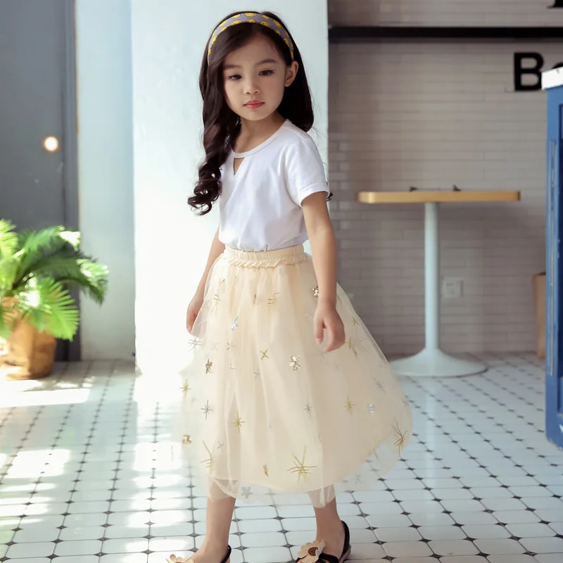 Saia para 6 Meninas Saias Macio Fofo Tule Tutu Saia Pettiskirt Longas Crianças Malha Bola Vestido Estrela Lantejoulas 8 10 13 Ano 29 Mamãe e Bebê