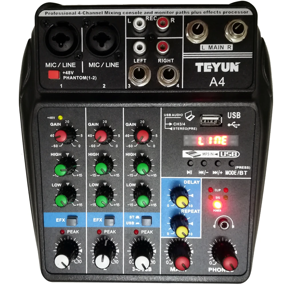 A4 Multi purpose Audio Mixer with Bluetooth Record 4 Channels Input Mic