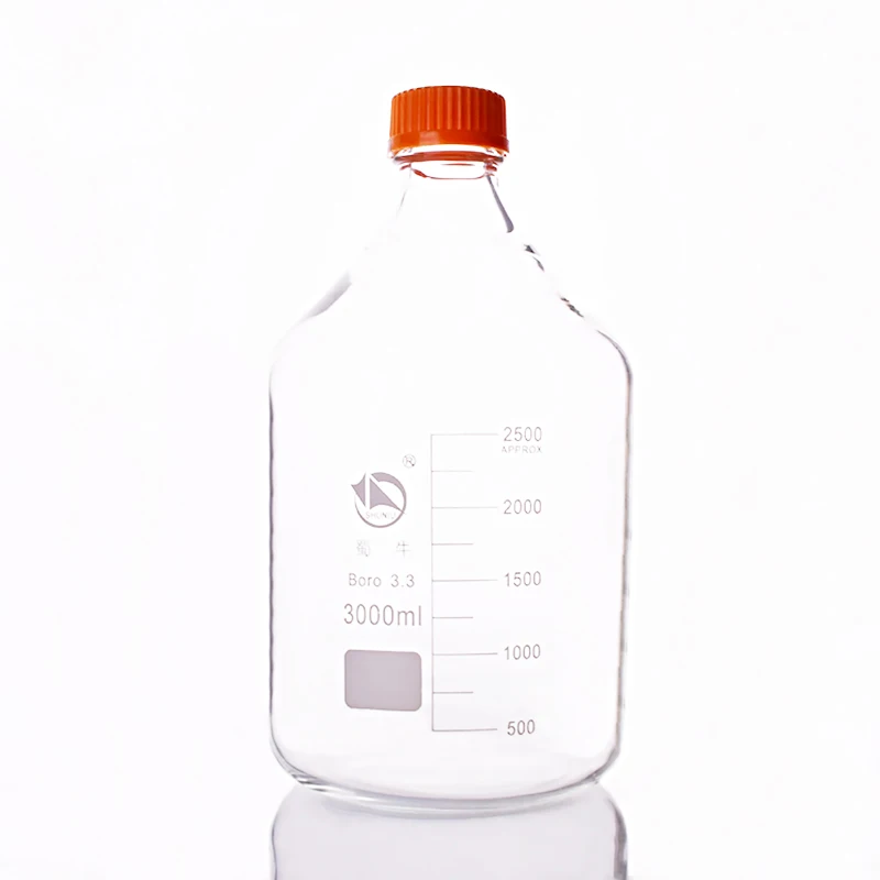Бутылка с реагентом, с желтой крышкой винта, боросиликатное стекло 3,3, емкость 3000 мл, пробирки с пластиковой крышкой