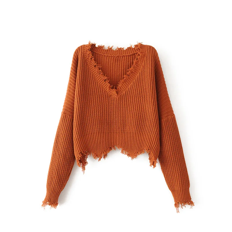 

Solid V-neck Pullover Sweater Autumn Women New Loose Knitted Sweater Female Lantern Sleeve Holes Knitted Casual Short Sweater