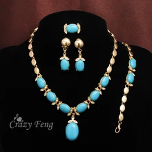 Новое поступление, ювелирные изделия из цинкового сплава, синий камень, кристалл, ожерелье, браслет, серьги, кольцо, золотой цвет, ювелирные наборы для женщин, Прямая поставка