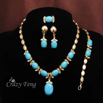 

New Arrive Zinc Alloy Jewelry Blue Stone Crystal Necklace Bracelet Earrings Ring Gold-color Jewelry Sets For Women Dropshipping