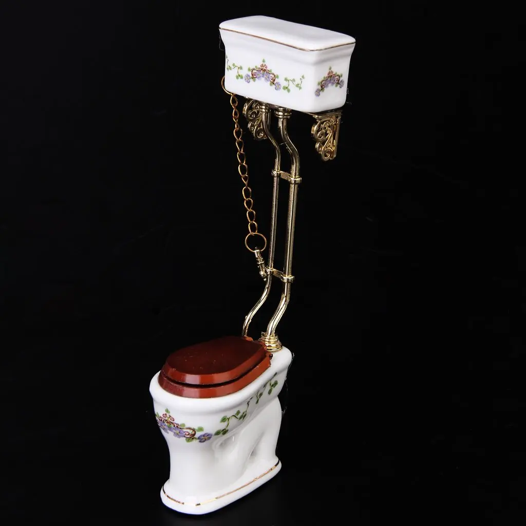 

Dollhouse furniture Vintage Victorian style bathroom porcelain toilet doll house miniature white + gold Pretend Toys