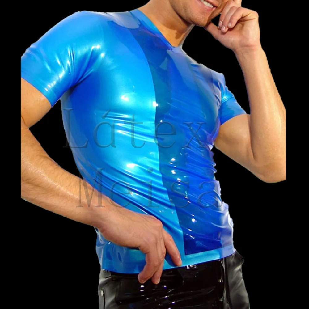 

Bling metallic blue tight latex t-shirt short sleeve with 100% handmade