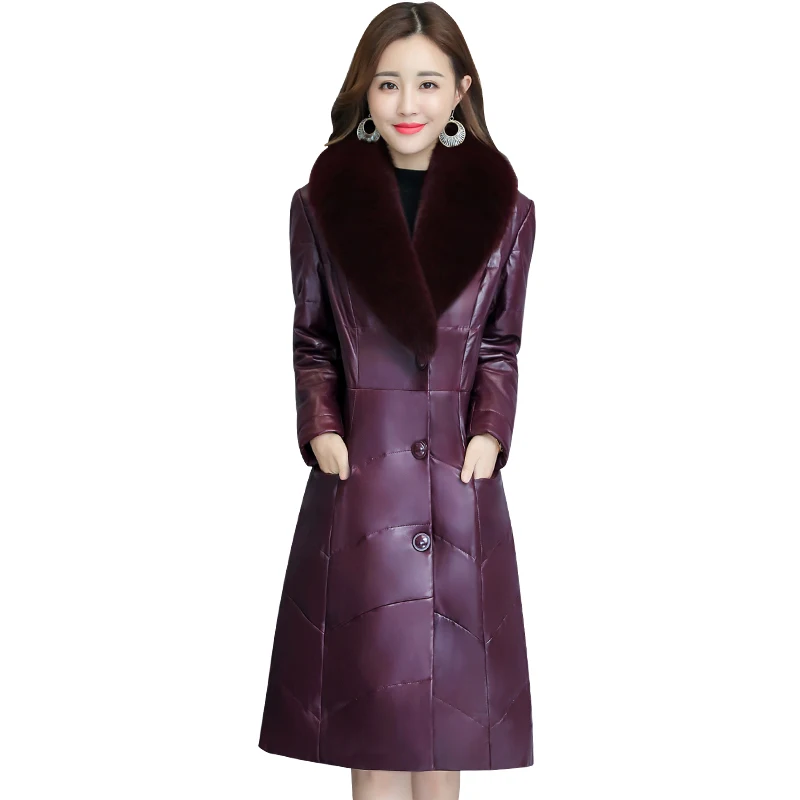 Осенне-зимнее женское пальто большого размера, воротник из лисьего меха, украшение на пуговицах, длинный рукав, толстое теплое кожаное пальто, пуховики, куртки