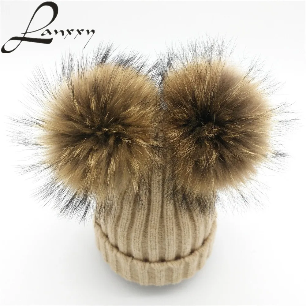 Online Lanxxy sombrero de pompón de piel de visón Real mujeres gorras de invierno de punto de lana de algodón sombreros dos pompones Skullies gorros de boina niñas gorra femenina