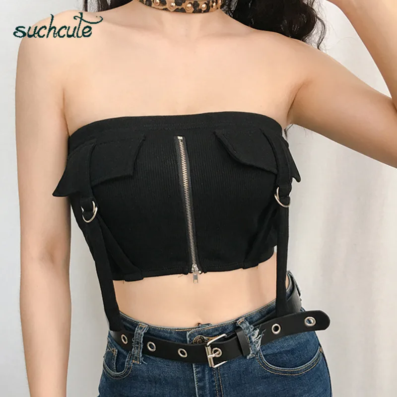 

SUCHCUTE Crop Top Zipper Female T-Shirt Women Clothe 2019 Summer Elegant Gothic Modis Harajuku Korean Style Festival Party Topic