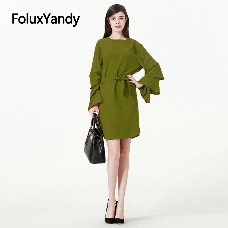 

Cascading Ruffle Flare Sleeve Dress European Vestidos Women Plus Size Loose Sashes Mini Dress Green CMC1929