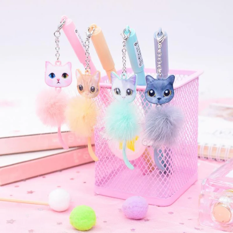 

4 Pcs/set Cute Mini Animal Cat Mink Hair Warm Plush Ball Pendant Gel Pens Black Ink Signature Pen Student Writing Stationery