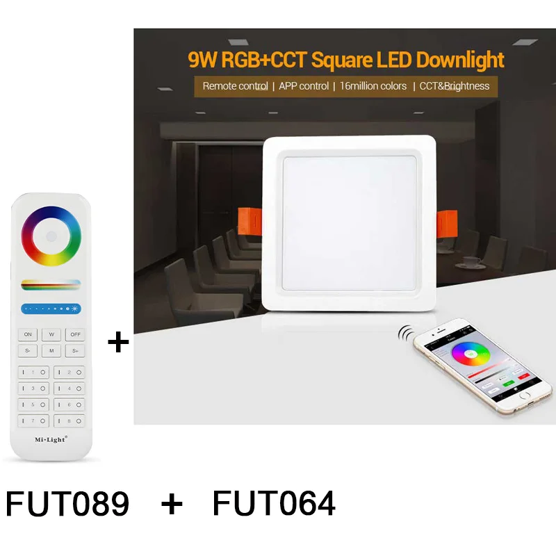 FUT064 Miboxer 9 Вт RGB+ CCT квадратный светодиодный потолочный светильник AC100~ 240 V, FUT089 8-зона RGB+ пульт удаленного управления, CCT контроллер - Испускаемый цвет: FUT064 and FUT089