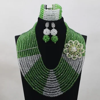 

Fashion 12 Layers Clear White AB Crystal Costume Women Jewelry Set Green Bridal Silver Necklace Set Free Shipping WD797