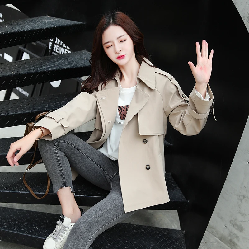 B 2019 New Fashion Double Breasted Short Trench Coat Women Khaki Slim Outwear Mujer Windbreaker Female Overcoat