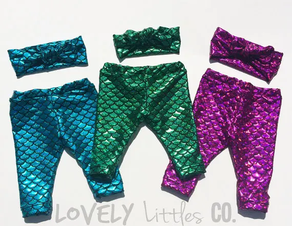 

Mermaid Baby Leggings,Little Mermaid Leggings,capris Baby Girl clothes baby toddler child spandex pants Outfit Set,Headband