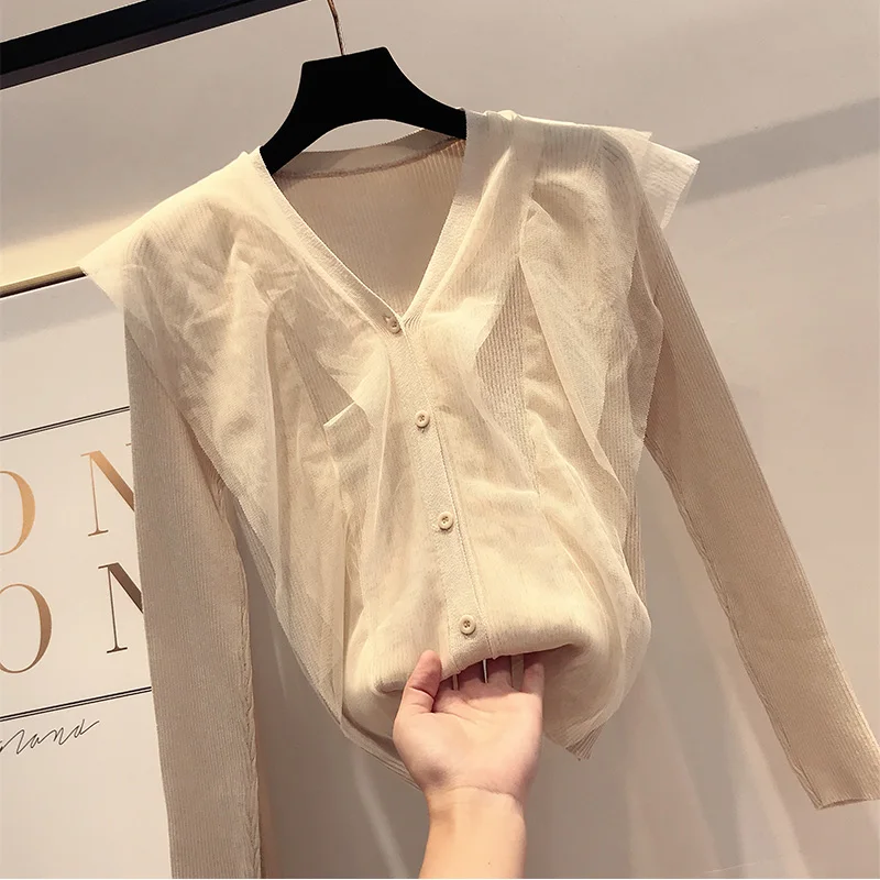 

New Spring Women Fashion Knitted Cardigans Mesh Stitching Sweaters Autumn V-neck Elegant Ruffles Cardigan Sweater Knitwear