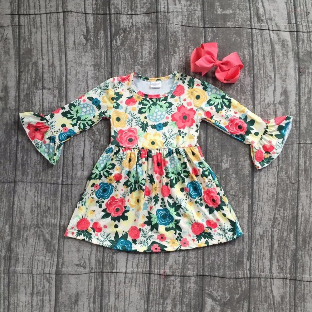 

baby girls Fall/ Autumn dress clothing girls coral floral dress children girls boutique soft milksilk yellow dress with bows