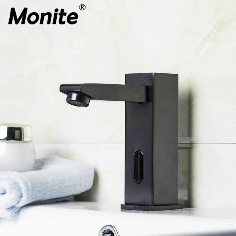 Monite Black Touch Sensor Faucet Bathroom Sink Tap Bathroom Faucet Brass Material ORB Automatic Hands Basin Sink Mixer Taps