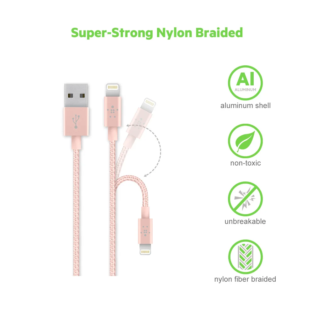2.4a оригинальный Belkin MFi Сертифицированный 8 Pin Lightning/USB металлик плетеный зарядки