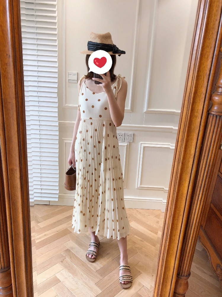 

Women's sexy Slip Dress Polka Dot Halter Pleated Midi Dress