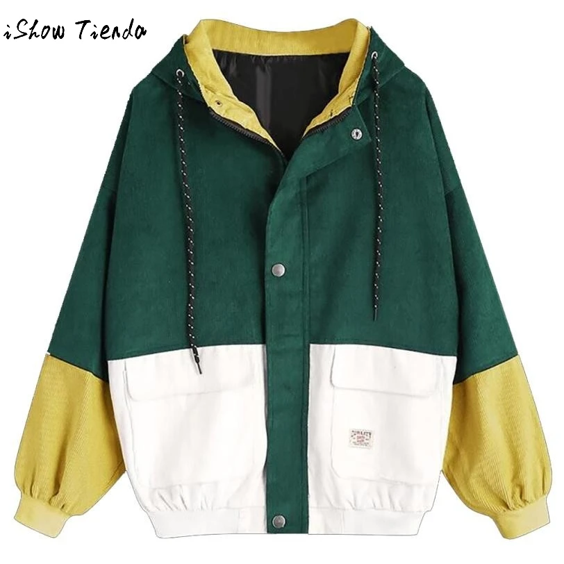 

2018 jacket women Corduroy Patchwork Windbreaker Long Sleeve Oversize Zipper Overcoat Hot New Spring Outerwear Plus Size #GHC