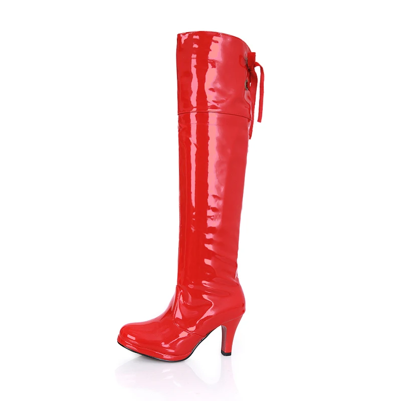 Новое поступление, женские модные ботфорты из лакированной кожи на тонком высоком каблуке, на шнуровке, сезон осень-зима, большие размеры 30-48, SXQ0718