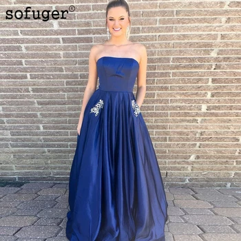 

Sofuge Royal Blue Long Satin Strapless Evening Dresses Pleat Big Pockets Robe De Soiree Arabic Muslim Special Occasion