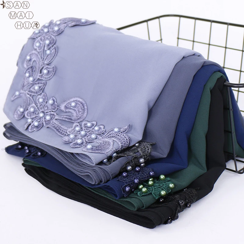 

70*180cm chiffon hijab scarf with pearls femme musulman long shawls islamic headscarf clothing muslim embroidery hijabs
