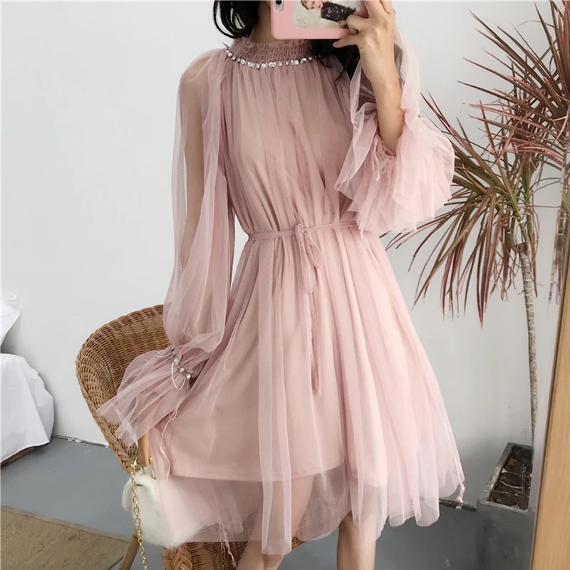 

Missoov moda feminina fashion brand designer Women spring dresses Female sweet mesh perspective party dress vestidos pink new