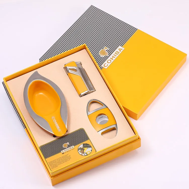 

COHIBA Stainless Steel Sharp Cigar Cutter Windproof 3 Jet Flame Cigar Cigarette Lighter With Punch Cigar Professional Set