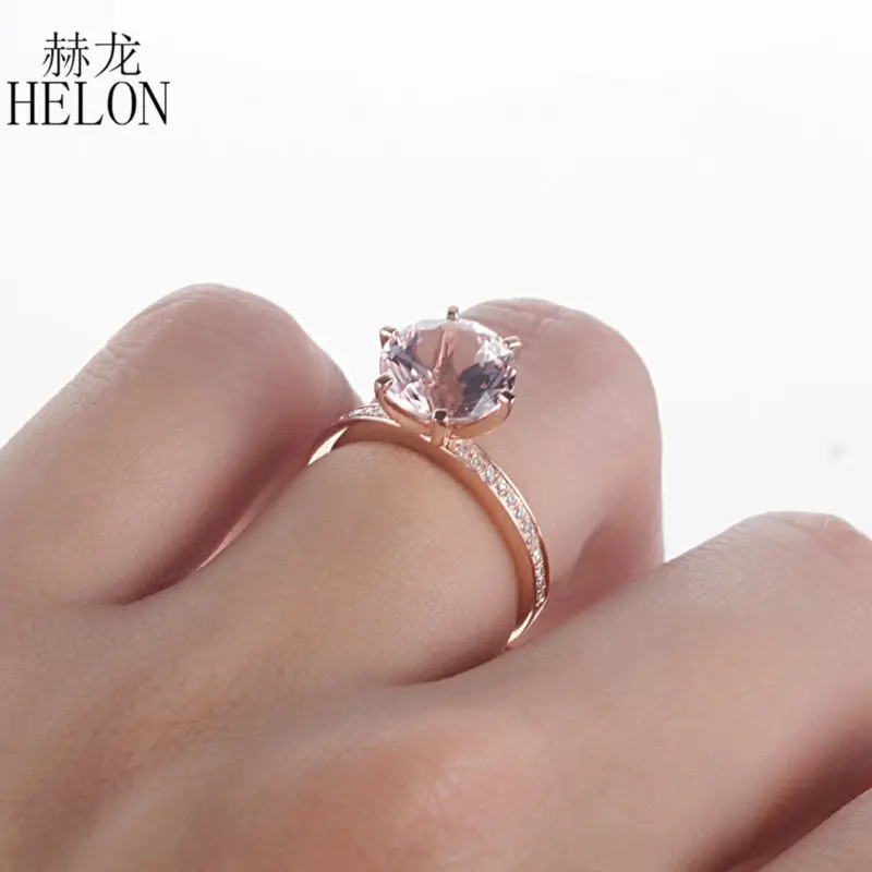 HELON Solid 14K розовое золото изысканные женские ювелирные изделия 8 мм круглый 2.6ct морганитное кольцо с натуральными бриллиантами обручальное кольцо