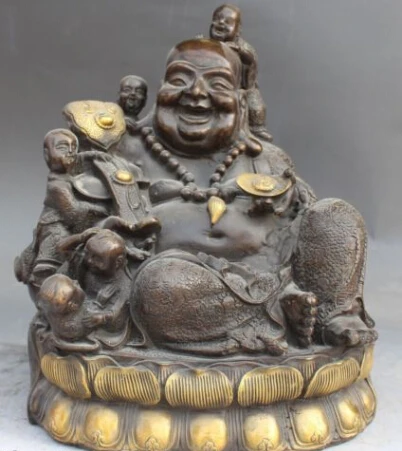 

S0081 12" Bronze Gilt Soild Happy Laugh Maitreya Buddha 5 Kid Ruyi Statue (B0328)