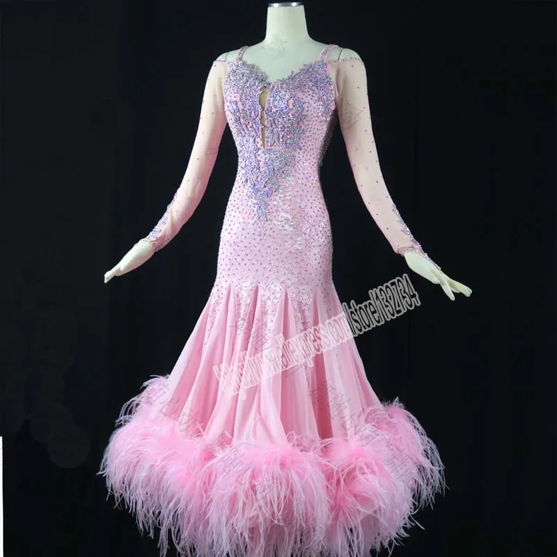 

Ballroom Competition Dance Dresses Women 2019 New Design Feather Pink color High Quality Elegant Standard Ballroom Dress